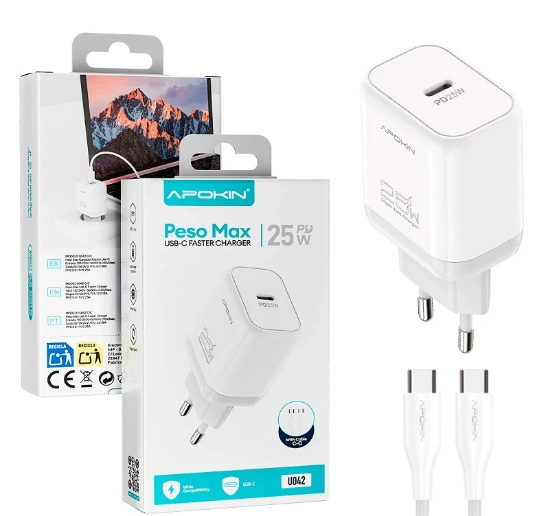 Apokin 25W PD USB-C 3A Fast Charger with Cable White (U042) ANDROID Apokin Apokin 25W PD USB-C 3A Fast Charger with Cable White (U042)