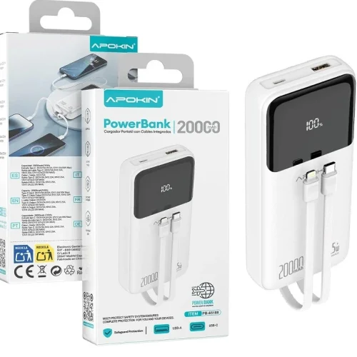 Apokin PowerBank Built-in Cables Digital Display 20000mAh 22.5W White (PB-65188)