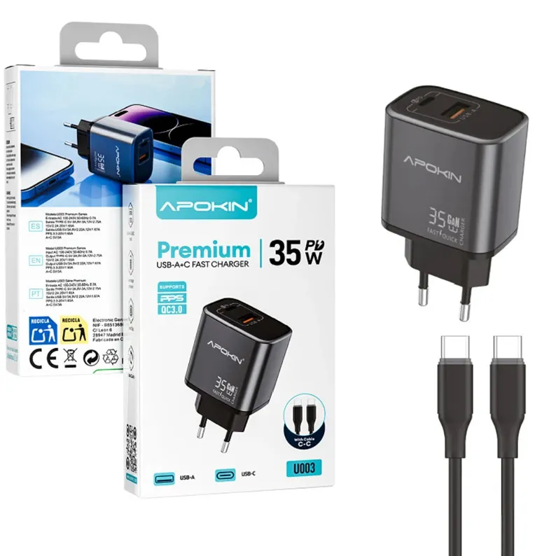 Apokin 35W 1xPD USB-C 1xQC3.0 USB Wall Charger with USB-C Cable Black (U003B) ANDROID Apokin Apokin 35W 1xPD USB-C 1xQC3.0 USB Wall Charger with USB-C Cable Black (U003B)