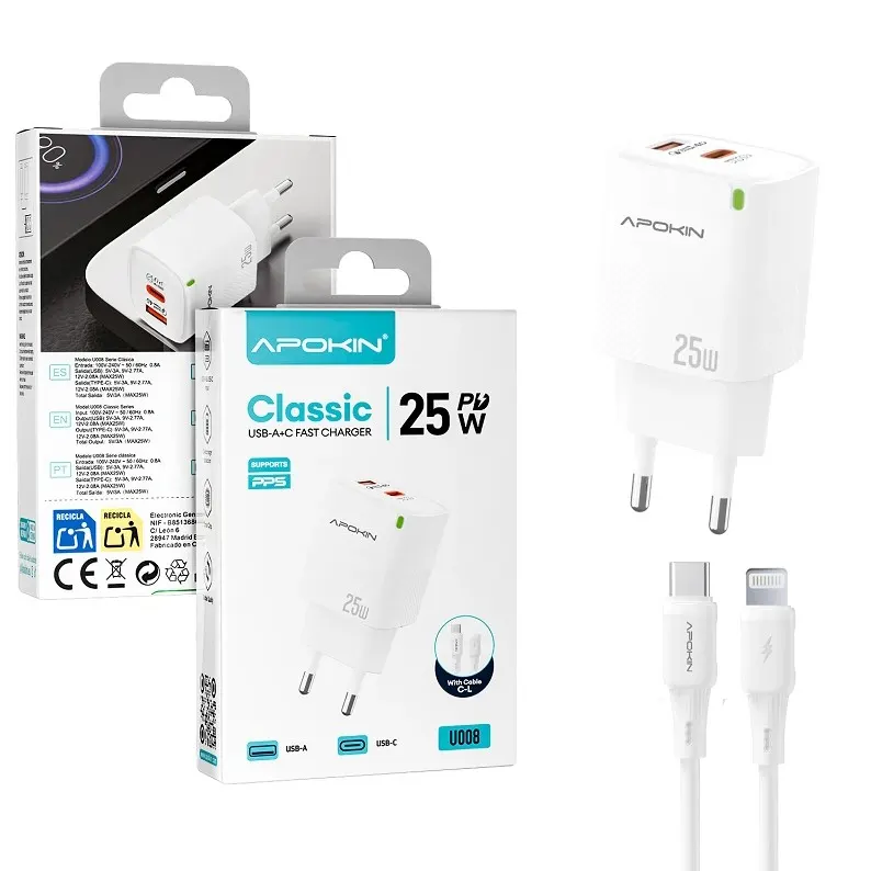 Apokin 25W 1xPD USB-C 1xQC3.0 USB Wall Charger with Lightning Cable White (U008) APPLE Apokin Apokin 25W 1xPD USB-C 1xQC3.0 USB Wall Charger with Lightning Cable White (U008)