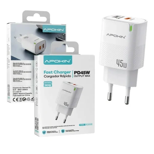 Apokin 45W 1xPD USB-C 1xUSB QC3.0 3A Fast Charger White (PC81478)
