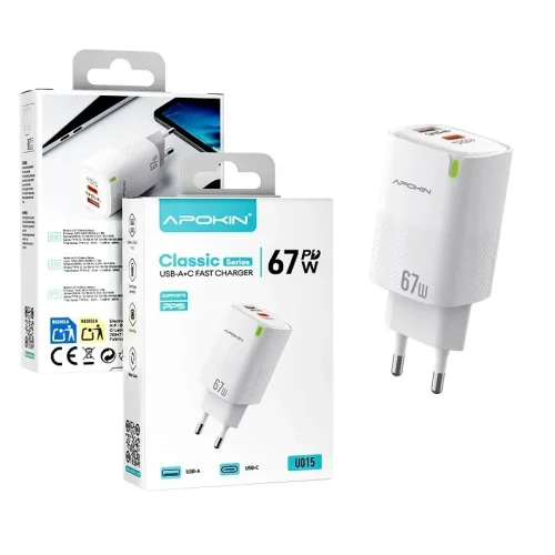 Apokin 67W 1xPD USB-C 1xQC4.0 USB Fast Charger White (U015)