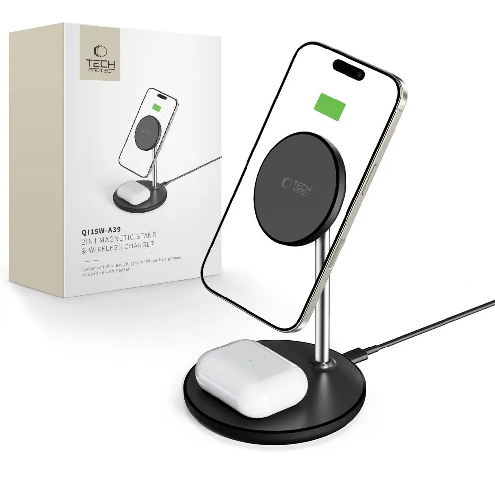Tech-Protect 2in1 Magnetic Magsafe Wireless Charger 15W Black (A39) ΑΞΕΣΟΥΑΡ MAGSAFE Tech-Protect Tech-Protect 2in1 Magnetic Magsafe Wireless Charger 15W Black (A39)