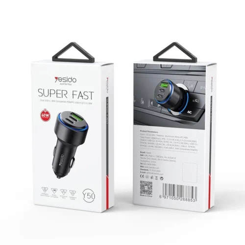 Alternative view of Yesido 2xUSB-C 1xUSB Fast Car Charger 60W Black (Y50)