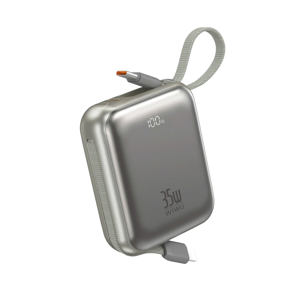 WiWU Built-in Cable Mini Power Bank 10000mAh 35W Silver (P062) POWER BANKS WIWU WiWU Built-in Cable Mini Power Bank 10000mAh 35W Silver (P062)