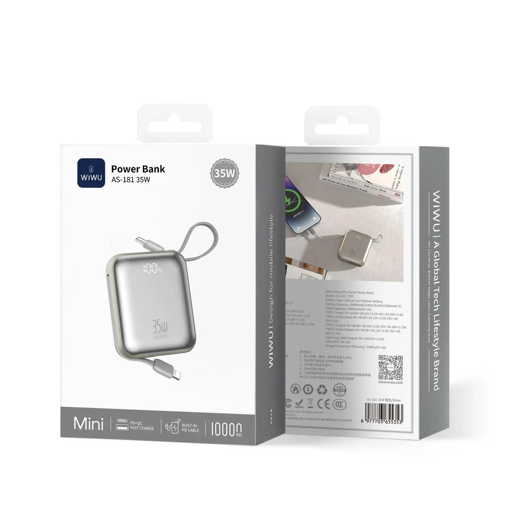 WiWU Built-in Cable Mini Power Bank 10000mAh 35W Silver (P062) POWER BANKS WIWU WiWU Built-in Cable Mini Power Bank 10000mAh 35W Silver (P062) - Image 3
