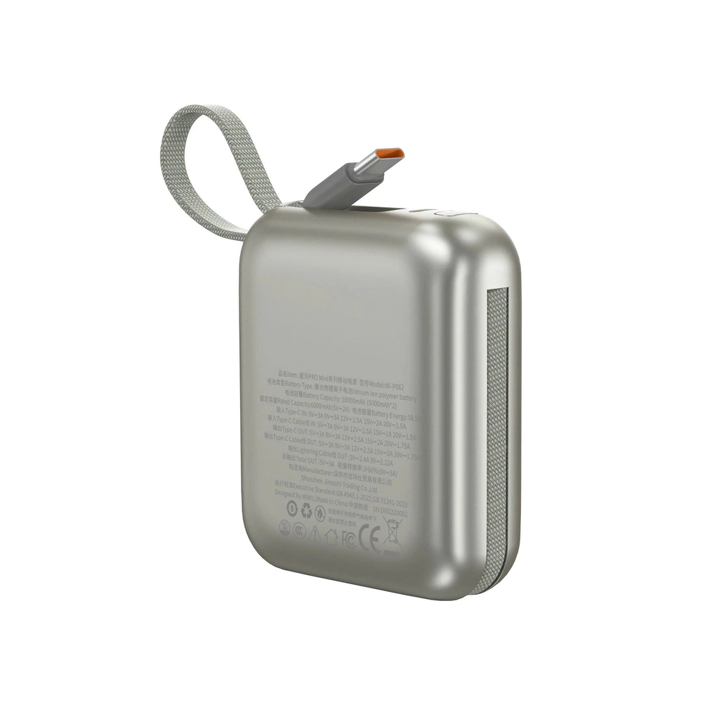 WiWU Built-in Cable Mini Power Bank 10000mAh 35W Silver (P062) POWER BANKS WIWU WiWU Built-in Cable Mini Power Bank 10000mAh 35W Silver (P062) - Image 2