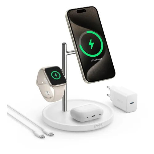 Anker 3in1 Qi2 MagGo Charging Station White (B25M3322) APPLE WATCH Anker Anker 3in1 Qi2 MagGo Charging Station White (B25M3322)