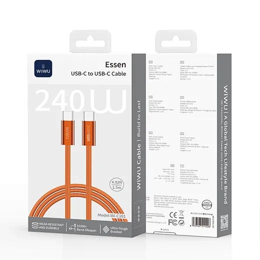 WiWU USB-C Essen Cable 1.5M 240W Nylon Braided Orange (C101) ANDROID WIWU WiWU USB-C Essen Cable 1.5M 240W Nylon Braided Orange (C101) - Image 3