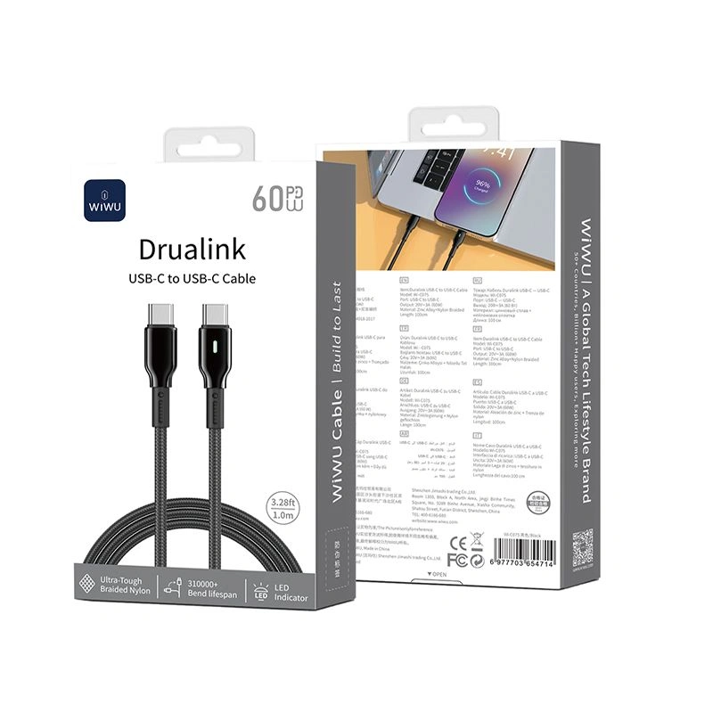 WiWU USB-C DruaLink Series Cable 1M 60W Nylon Braided Black (C075) ANDROID WIWU WiWU USB-C DruaLink Series Cable 1M 60W Nylon Braided Black (C075) - Image 2