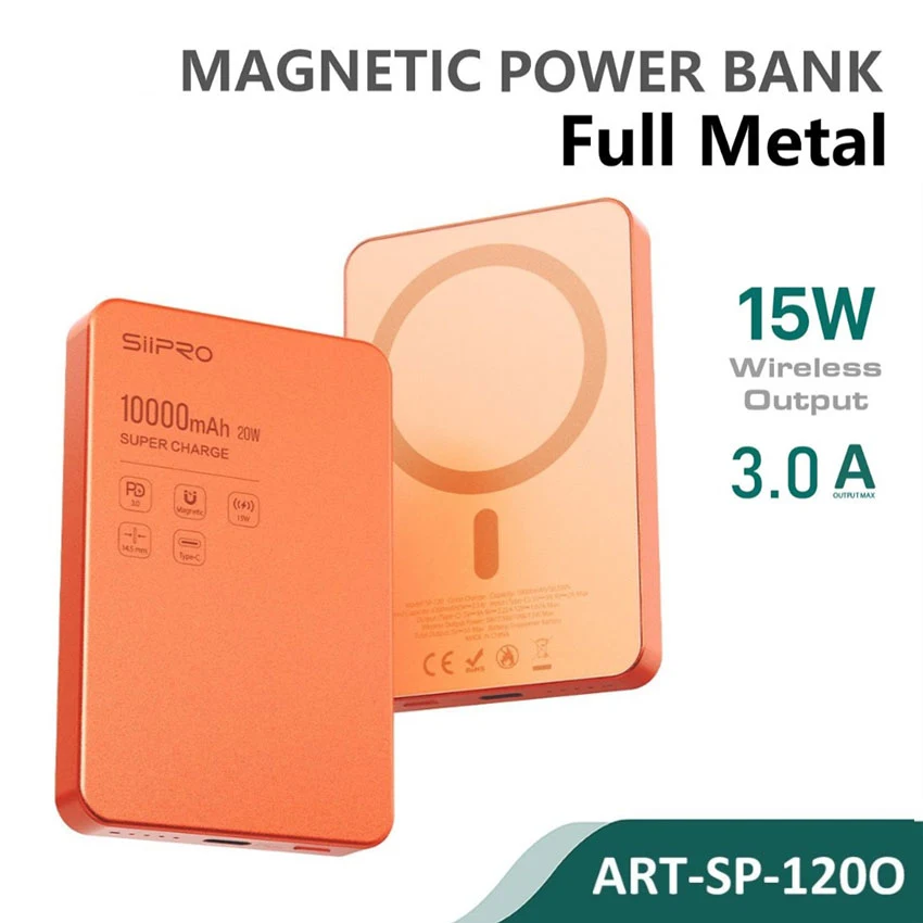 Siipro Thin Metal Magnetic MagSafe PowerBank 10000mAh Orange POWERBANK MAGSAFE SIIPRO Siipro Thin Metal Magnetic MagSafe PowerBank 10000mAh Orange