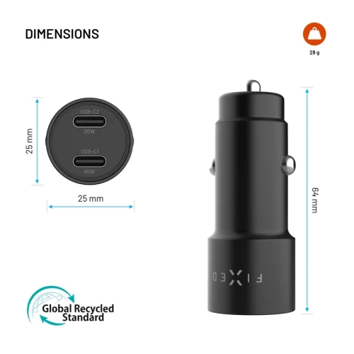 Alternative view of Fixed Double Car Charger 2xUSB-C 65W Black