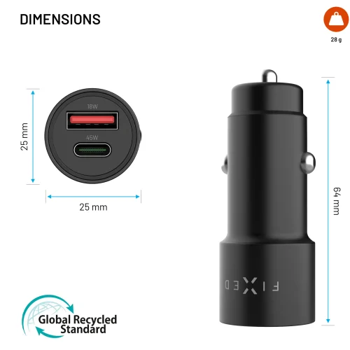 Alternative view of Fixed Double Car Charger 1xUSB QC 1xUSB-C 63W Black