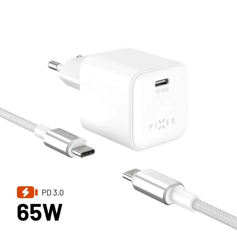 Fixed Set 65W Mini GaN Fast Wall Charger PD USB-C with Cable 2m White ΑΞΕΣΟΥΑΡ Fixed Fixed Set 65W Mini GaN Fast Wall Charger PD USB-C with Cable 2m White