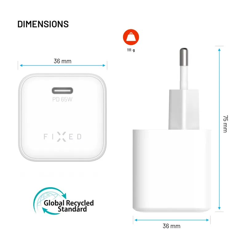 Fixed Set 65W Mini GaN Fast Wall Charger PD USB-C with Cable 2m White ΑΞΕΣΟΥΑΡ Fixed Fixed Set 65W Mini GaN Fast Wall Charger PD USB-C with Cable 2m White - Image 4
