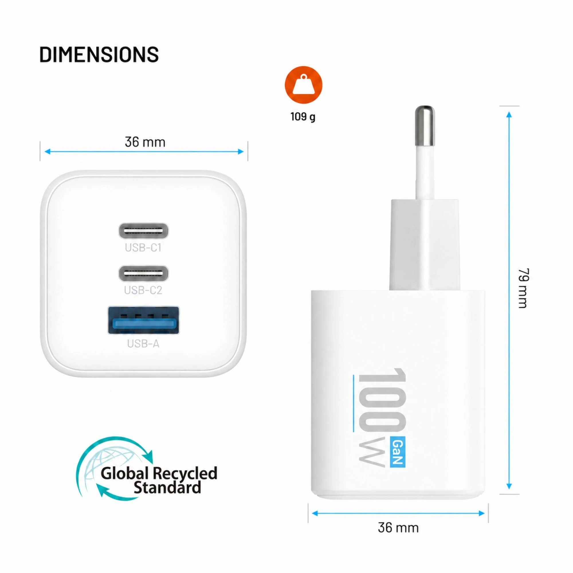 Fixed 100W Mini GaN Fast Wall Charger 1xUSB 2xUSB-C White ΑΞΕΣΟΥΑΡ Fixed Fixed 100W Mini GaN Fast Wall Charger 1xUSB 2xUSB-C White - Image 2